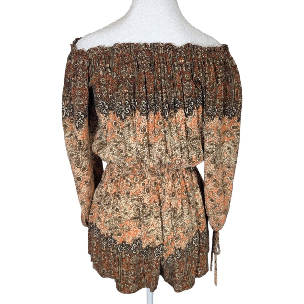 Free People Boho Paisley Off The Shoulder Romper Brown Orange Medium - Picture 6 of 8